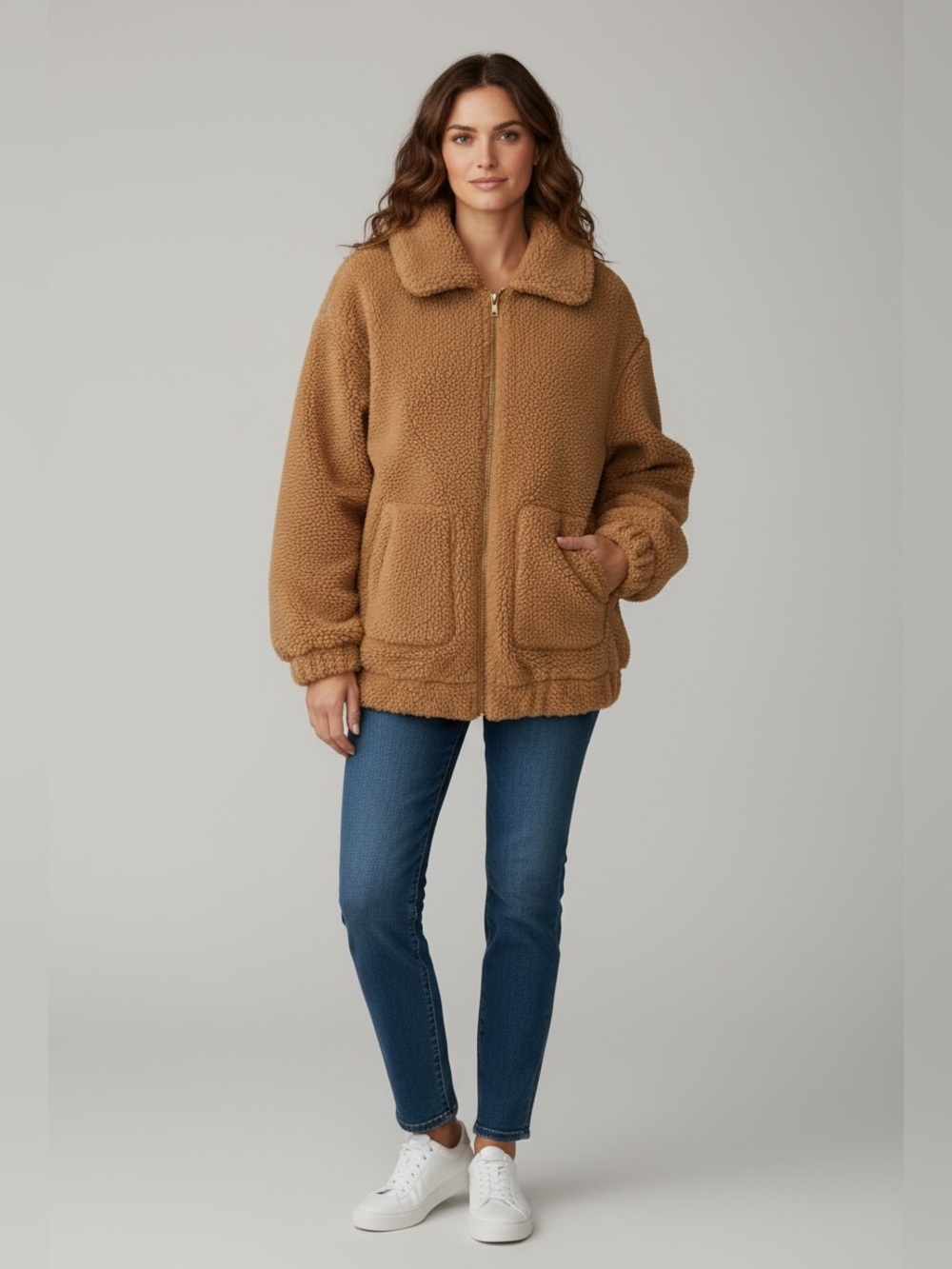 Zaful Camel Teddy Sherpa Zip Jacket
